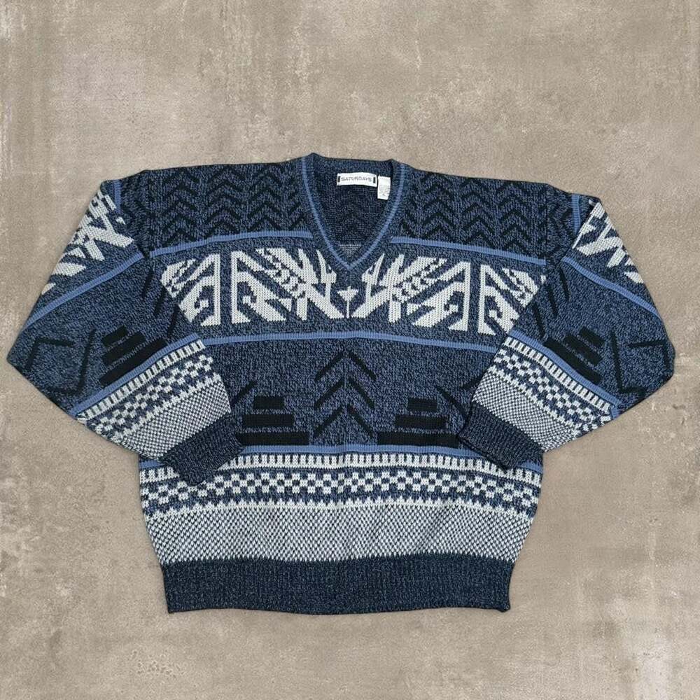Saturdays Vintage Geometric Pattern V-Neck Sweater Size XL